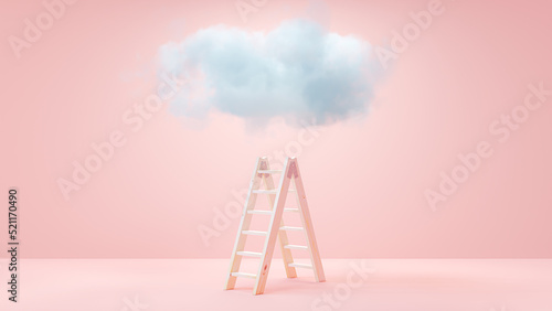 Blue clouds float on wooden ladder in a pink room. Minimal idea concept, 3d render.