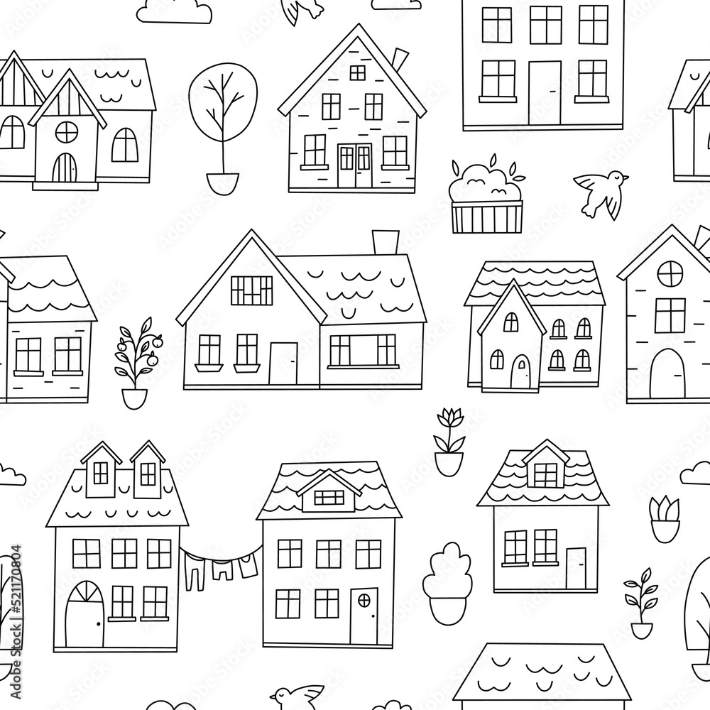 Seamless pattern with doodle houses, trees, plants and birds. Hand drawn town. Line art. Black and white vector illustration.
