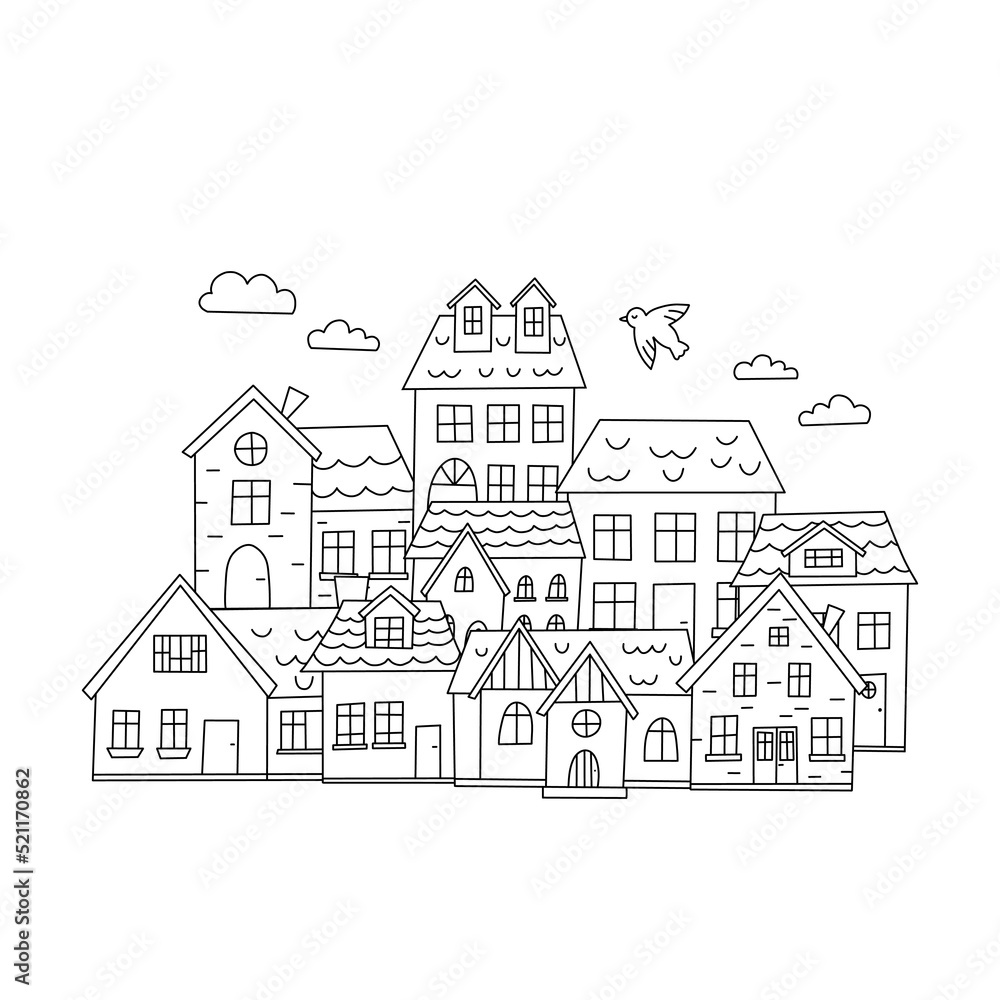 Hand drawn doodle town. Cute small houses. Black and white vector illustration.