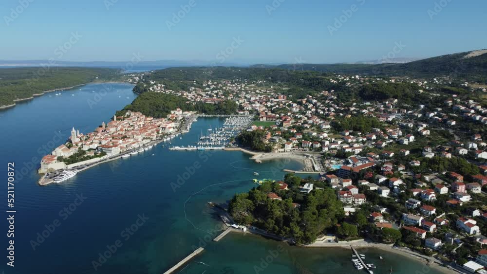 city of Rab, Croatia filmed by a drone, 150 meters above the sea, summer, early morning city of Rab, Croatia filmed by a drone, 150 meters above the sea, summer, early morning