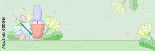 A banner for a manicure master. Copy space. A color palette of nail polish and a bottle of gel polish with a flower. Round palette with artificial nails, color samples