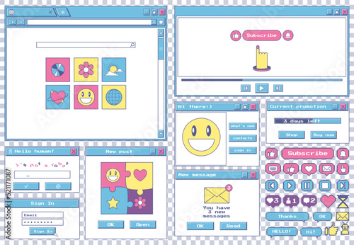 Big set of retro desktop browser and dialog windows. Cute 80s 90s old computer user interface elements and vintage aesthetic icons. Nostalgic retro operating system. Vector Illustration