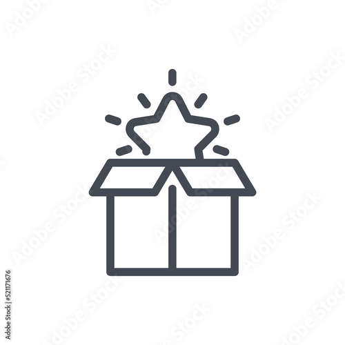 Present, Gift and Magic box line icon. Open box with star and loyalty reward vector outline sign.