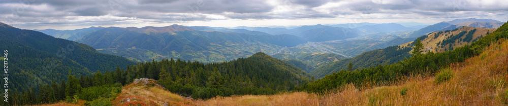 panorama of mountainous countryside in autumn. colorful grassy meadows and spruce forest on the hillside. view in to the rural valley in dappled light. ridge beneath a cloudy sky in the distance