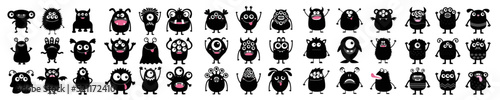 Monster super big icon set. Happy Halloween. Cute cartoon kawaii baby character. Funny head face black silhouette. Eyes teeth horn fang tongue. Hands up, down. Flat design. White background.