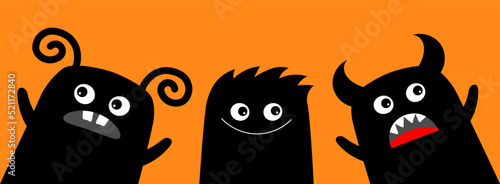 Three monster icon set in the corner. Happy Halloween. Cute cartoon kawaii baby character. Eyes teeth fang tongue fur. Funny face head black silhouette. Line banner. Flat design. Orange background.