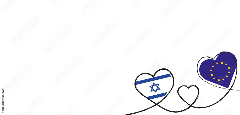 Drei Herzen mit der Fahne von Israel und der Europäische Union Drei Herzen mit der Fahne von Israel und der Europäische Union