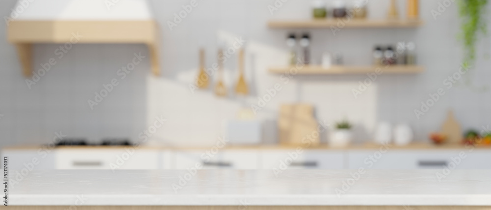 Obraz na płótnie Empty mockup space over blurred modern minimal white kitchen cooking space in background. w salonie