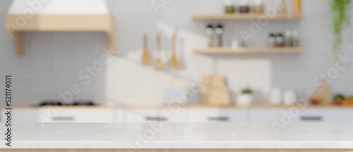 Empty mockup space over blurred modern minimal white kitchen cooking space in background. photo