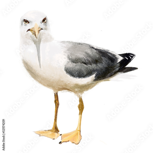 Standing seagull bird from near, watching, front view, on a white background