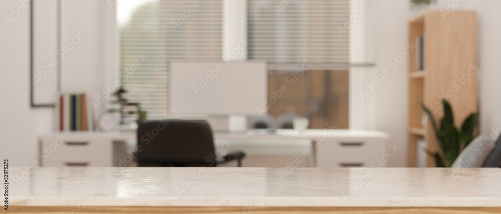 Modern white tabletop with copy space over blurred modern minimal office workspace