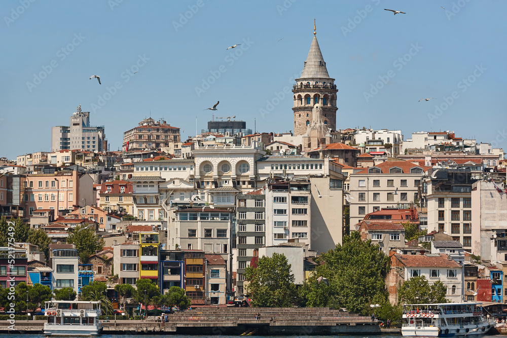 Galata tower landmark. Historical site in Istambul silhoute. Turkey