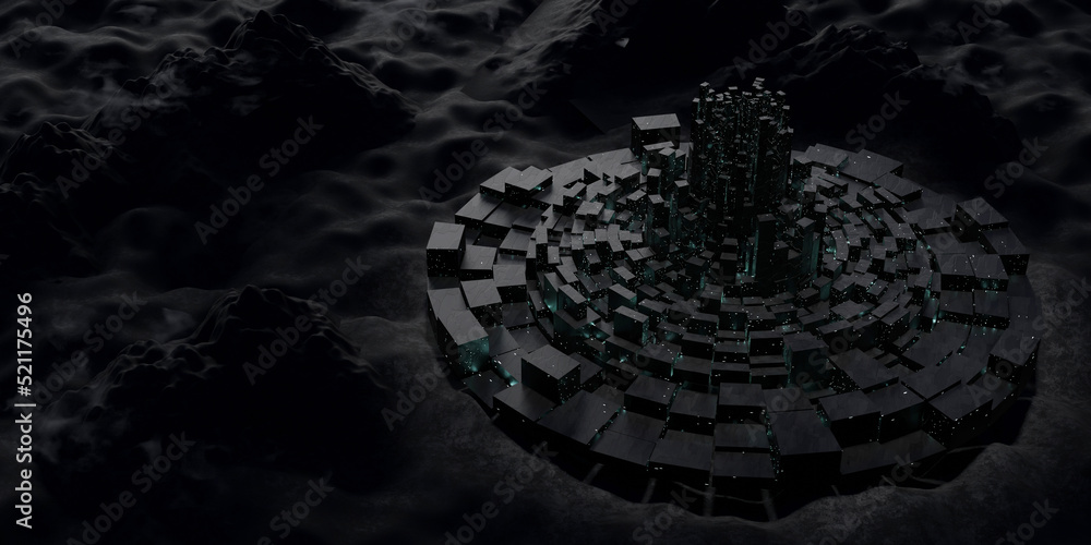 concept of sci-fi fiction Future city scene. Futuristic cityscape in space colony planet background. day time 3d illustration night aerial scene 