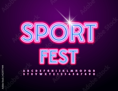 Vector neon emblem Sport Fest. Bright Creative Font. Glowing Alphabet Letters and Numbers set
