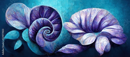 Surreal ammonite swirls and petal spiral flowers in aquamarine blue and amethyst purple pastel color hues. Imaginative floral fresco type illustration art that is out of the ordinary and fascinating.