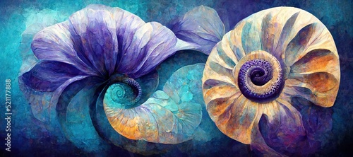 Surreal ammonite swirls and petal spiral flowers in aquamarine blue and amethyst purple pastel color hues. Imaginative floral fresco type illustration art that is out of the ordinary and fascinating.