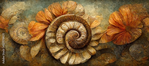 Surreal ammonite swirls and petal spiral flowers in rustic sand and fossil brown pastel color hues. Imaginative floral fresco type illustration art that is out of the ordinary and fascinating.
