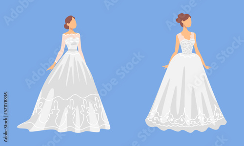 Fotografiet Bride in White Wedding Dress Standing as Newlywed or Just Married Female on Blue
