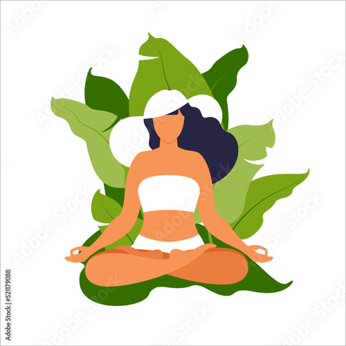 Girl meditation on the beach. Concept for vacation, holiday and travel. Summer time. Vector illustration in flat.