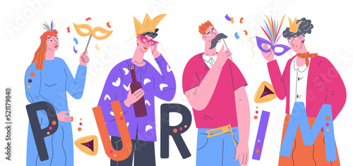 Purim carnival characters of men and women celebrating the Jewish Israeli holiday of Purim, flat vector illustration isolated on white background.