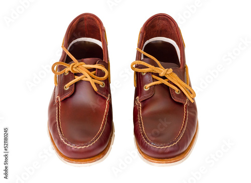 Boat shoes isolated on white background. Leather shoes. Men's leather shoes. Brown leather shoes. Top-siders isolate on white.