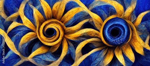 Surreal ammonite swirls and petal spirals with golden yellow sunflowers and darker Prussian blue colors. Imaginative floral fresco type illustration art that is out of the ordinary and fascinating. 