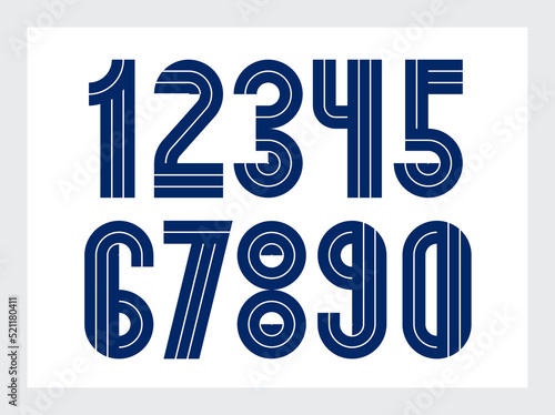 Geometric numbers set, vector digits, retro 90s style trendy numerals made with geometry elements, lined stripy design.