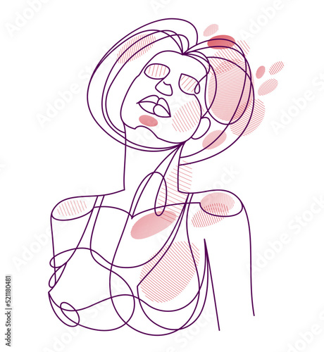 Beautiful face of attractive woman vector linear drawing, sensitive emotional line art adult girl portrait, feminine abstract face line art.