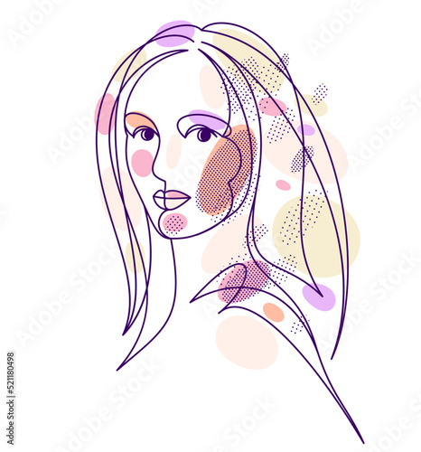 Beautiful face of attractive woman vector linear drawing, sensitive emotional line art adult girl portrait, feminine abstract face line art.