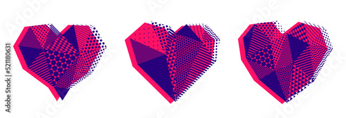 Low poly pattern geometric heart vector icons or logos set, graphic design 3d love theme element, polygonal dimensional heart.
