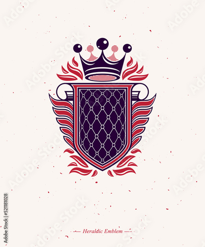 Heraldic coat of arms decorative emblem with copy space and cartouche. Winged protection shield emblem created with imperial crown, isolated vector illustration.