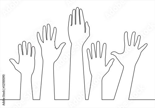 Continuous one line drawing of volunteering hands. Illustration with quote template. Can used for logo, emblem, slide show and banner.