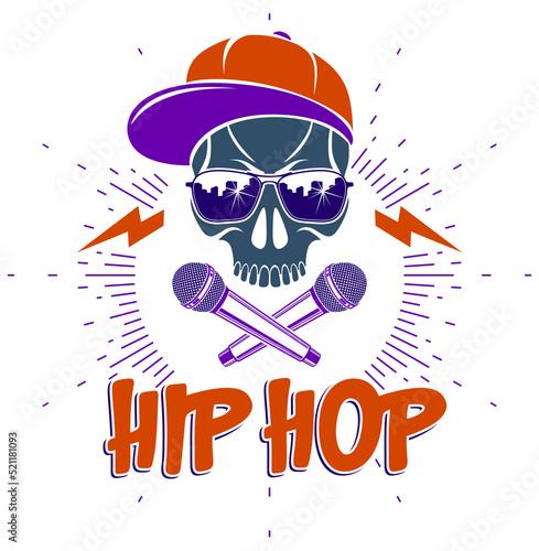 Rap music vector logo or emblem with aggressive skull and two microphones crossed like bones, Hip Hop rhymes festival concert or night club party label, t-shirt print.