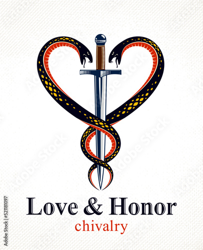 Murais de parede Dagger and two snakes in a shape of heart vector vintage style emblem or logo, chivalry love and honor concept, medieval Victorian style