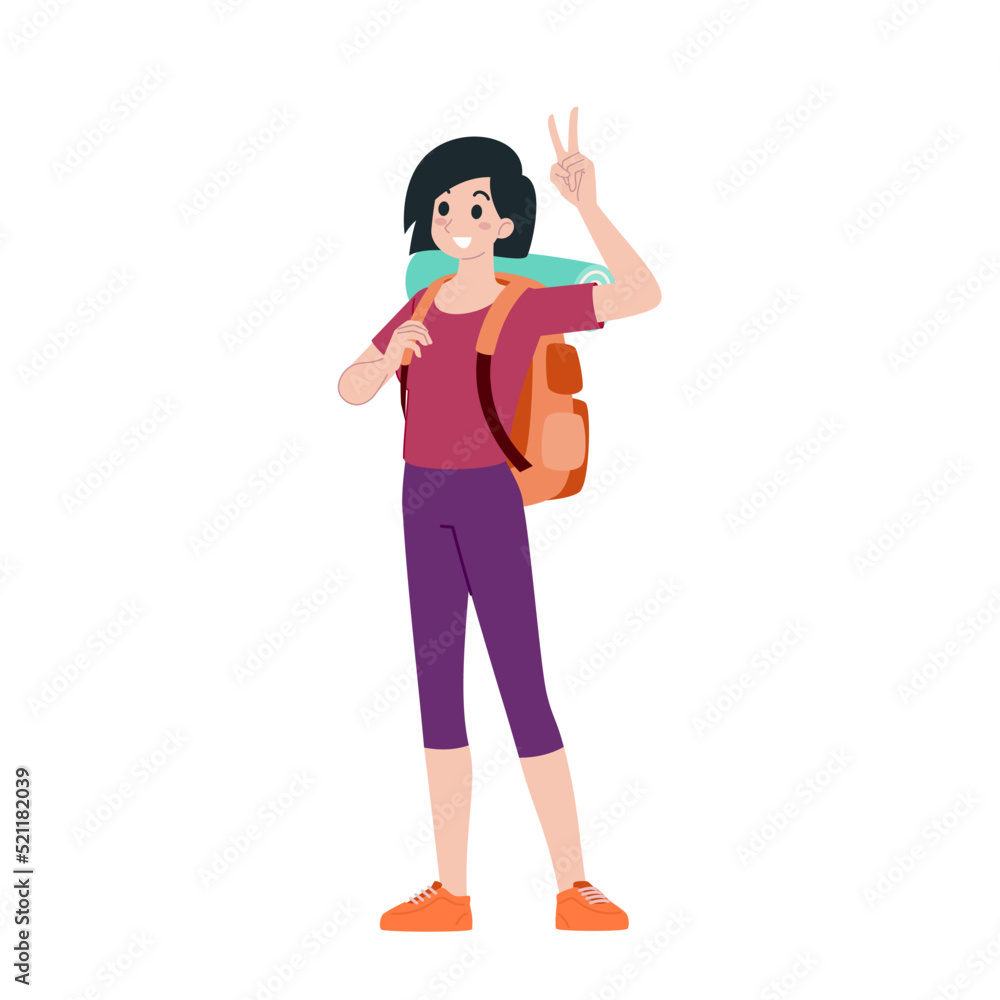 Young happy woman tourist flat cartoon character. Traveling people on summer vacation trip, Isolated on white background. Young happy woman tourist flat cartoon character. Traveling people on summer vacation trip, Isolated on white background.