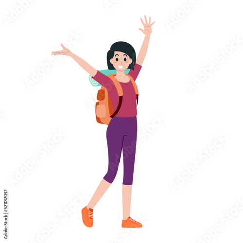 Young happy woman tourist flat cartoon character. Traveling people on summer vacation trip, Isolated on white background.
