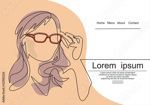 Woman face in glasses continuous line drawing. Line art, drawing of face , fashion concept, woman beauty minimalist, vector illustration