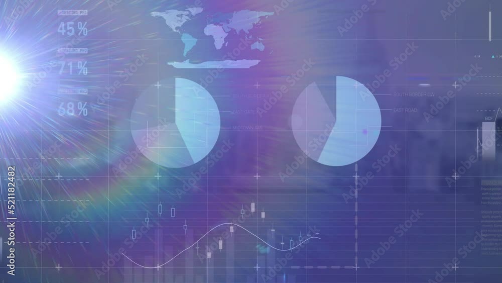 Animation of world map, graphs and charts processing data with lights over cityscape Animation of world map, graphs and charts processing data with lights over cityscape