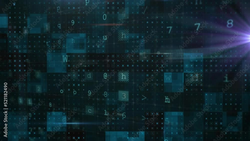 Animation of security warning texts over lights and blue grid of squares processing data on black Animation of security warning texts over lights and blue grid of squares processing data on black