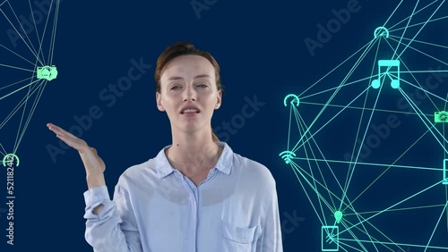 Animation of networks of media icons over caucasian woman recounting frustrating event, on blue