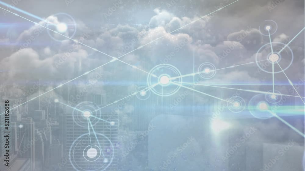 Animation of network of connections over aerial view of cityscape against clouds in the sky Animation of network of connections over aerial view of cityscape against clouds in the sky