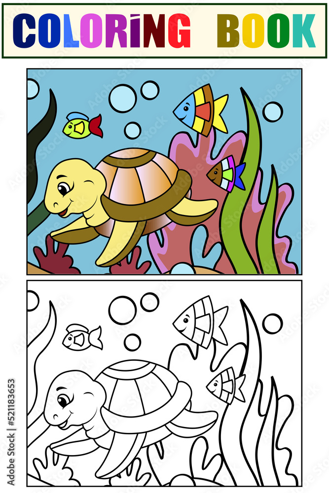 Example. Children color and coloring book, underwater world. Sea turtle, marine nature, animals and fish.