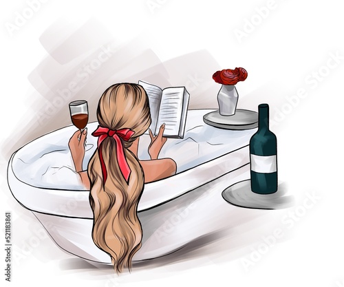 A young girl takes a bath, reads a book and drinks red wine. A girl with blonde hair in the bathroom. Illustration