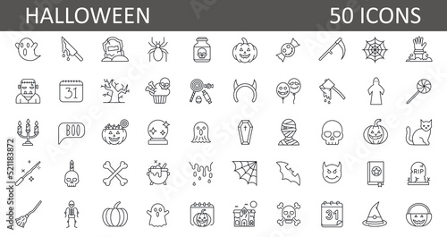 set of 50 halloween icons. outline thin line icons. Collection of perfectly thin icons for web design, app, poster, flyer and modern projects