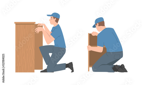 Young Man Character Assembling and Installing Wooden Furniture Vector Set