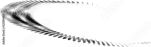 Inconceivable twisted elongated dotted or polka dot spiral whirlpool. Halftone contour of dots, polka dots, blots, spots, slicks, strokes. Vector.