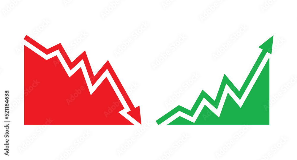 Graph going Up and Down sign with green and red arrows vector. Flat design vector illustration concept of sales bar chart symbol icon with arrow moving down and sales bar chart with arrow moving up. Graph going Up and Down sign with green and red arrows vector. Flat design vector illustration concept of sales bar chart symbol icon with arrow moving down and sales bar chart with arrow moving up.