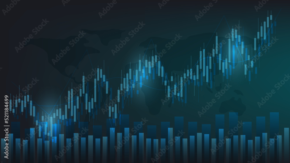 economy situation concept. Financial business statistics with bar graph and candlestick chart show stock market price and currency exchange on dark green background economy situation concept. Financial business statistics with bar graph and candlestick chart show stock market price and currency exchange on dark green background