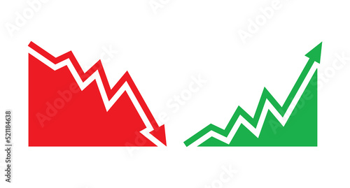 Graph going Up and Down sign with green and red arrows vector. Flat design vector illustration concept of sales bar chart symbol icon with arrow moving down and sales bar chart with arrow moving up.	
