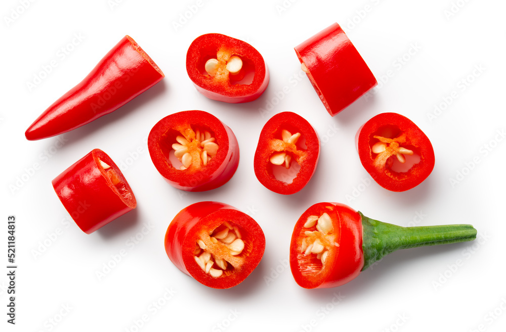 Chili pepper slice isolated. Chilli top view on white background.Cut red hot chili peppers top. With clipping path. - obrazy, fototapety, plakaty 